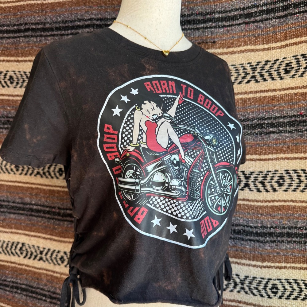 Betty Boop Born To Boop Motorcycle Womens Small Acid Wash Black Graphic Crop Top